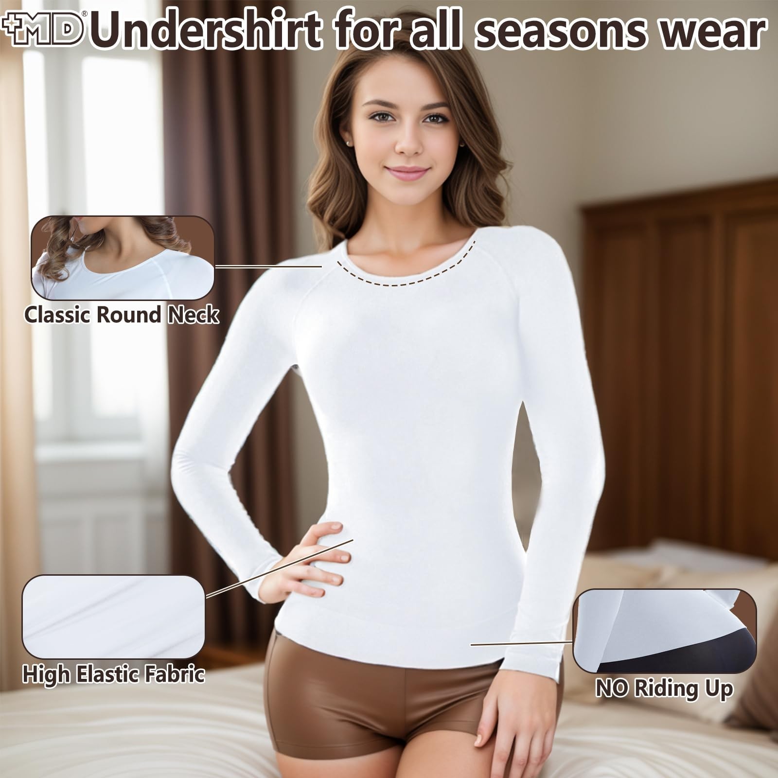 +MD Womens Long Sleeve Undershirts Tops, Round Neck Slim Fit Baselayer, Soft …