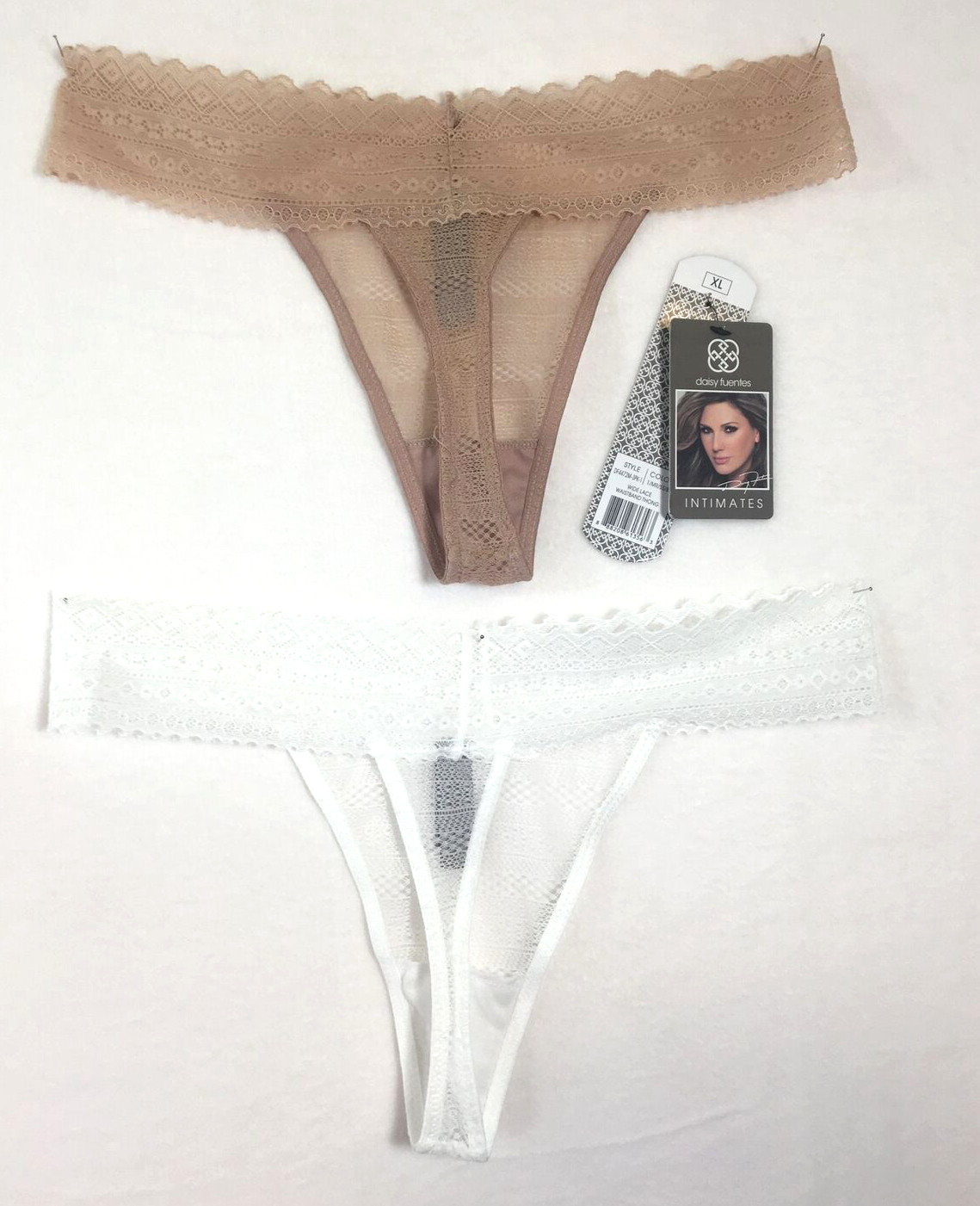 Daisy Fuentes 2 Pair Wide Lace Waistband Thong Panties XL White Tan Intimates