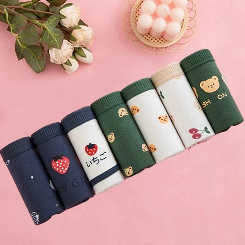 Low Rise Cotton Panties Women Cartoon Print Seamless Soft Stretch Comfort 7 Pcs