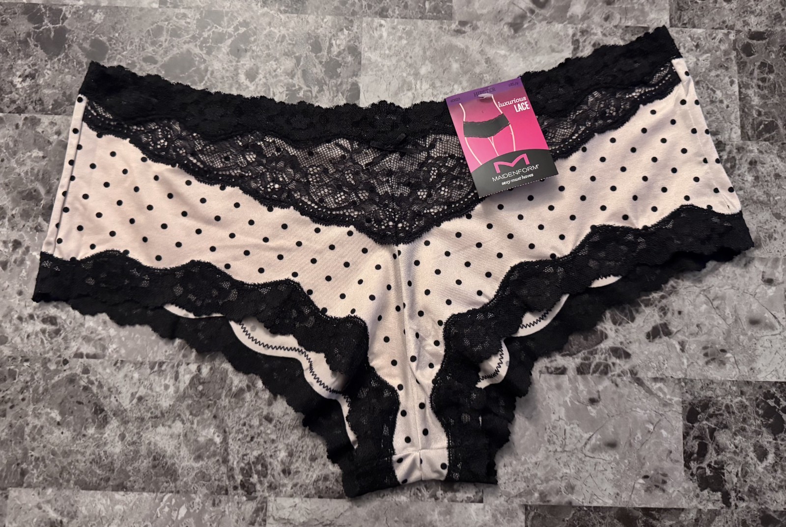 NWT MAIDENFORM XXL SATIN SMOOTH NUDE BLACK POLKA DOT FLORAL LACE HIPSTER PANTIES