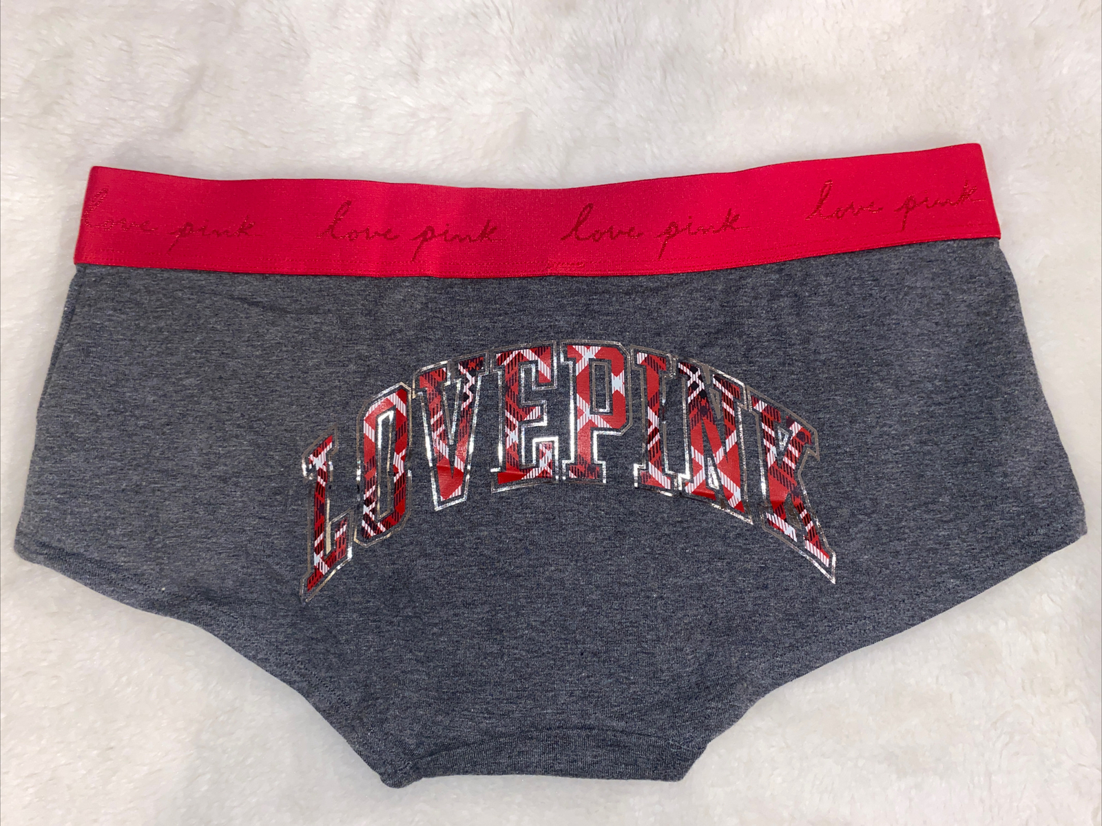 PINK Victoria’s Secret Panties Boyshort Shortie Underwear Gray Red Logo Medium M