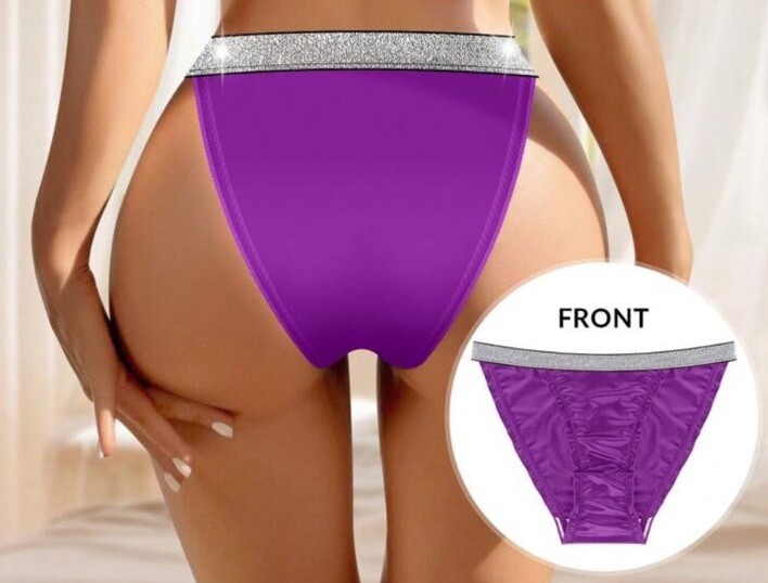 Shiny Purple Satin Nylon Silver Sparkle Thick Band Bikini Panties Sz Lg