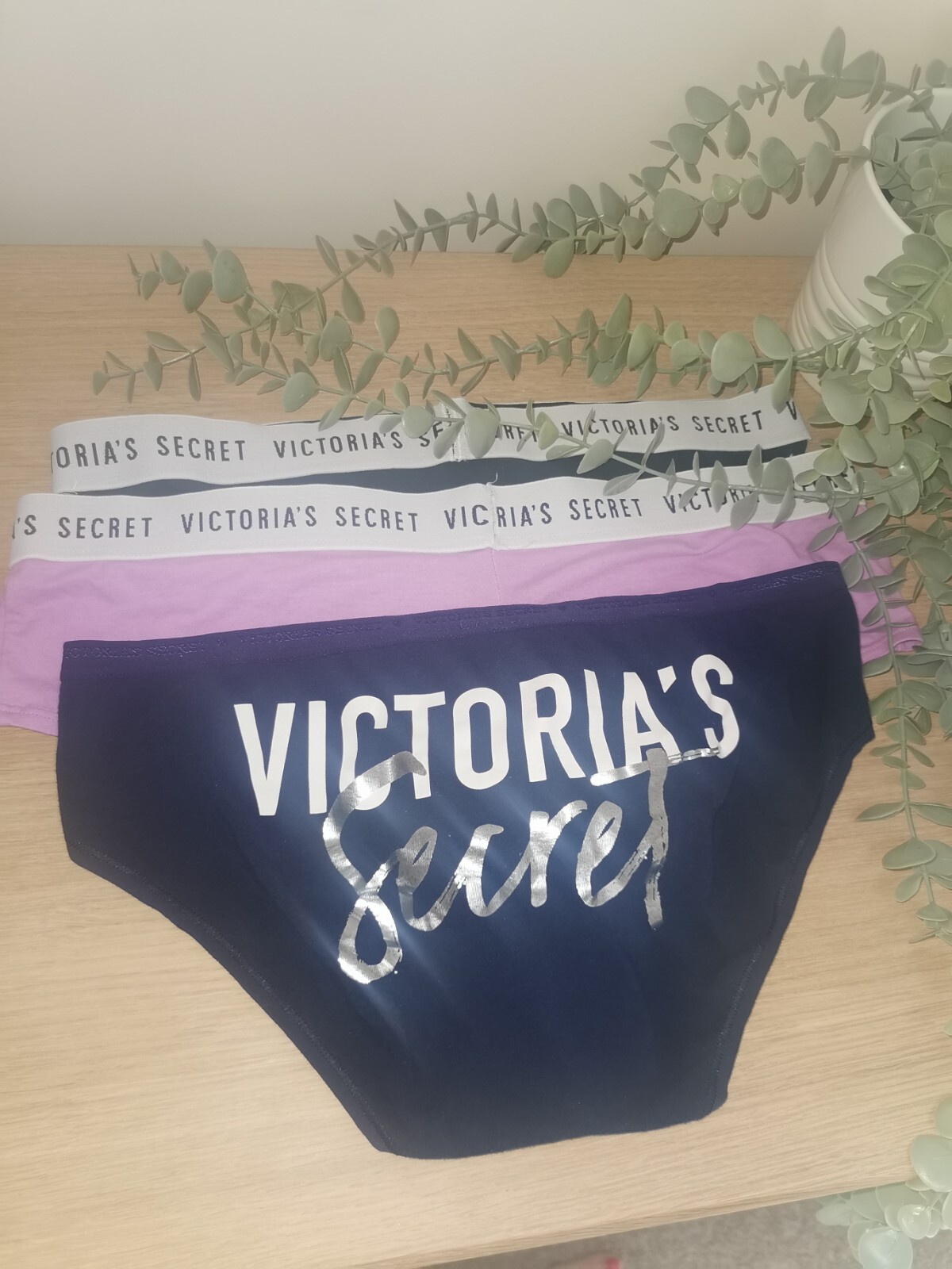 Victoria’s Secret Knickers X3 Black Navy Purple Branded Elasticated Band. UK L