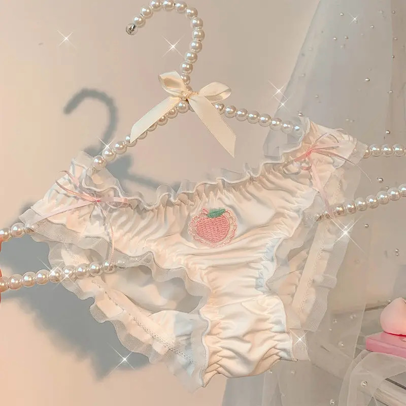 Strawberry Panties Women Satin Sweet Ruffle Briefs Cute Peach Kawaii Underwear