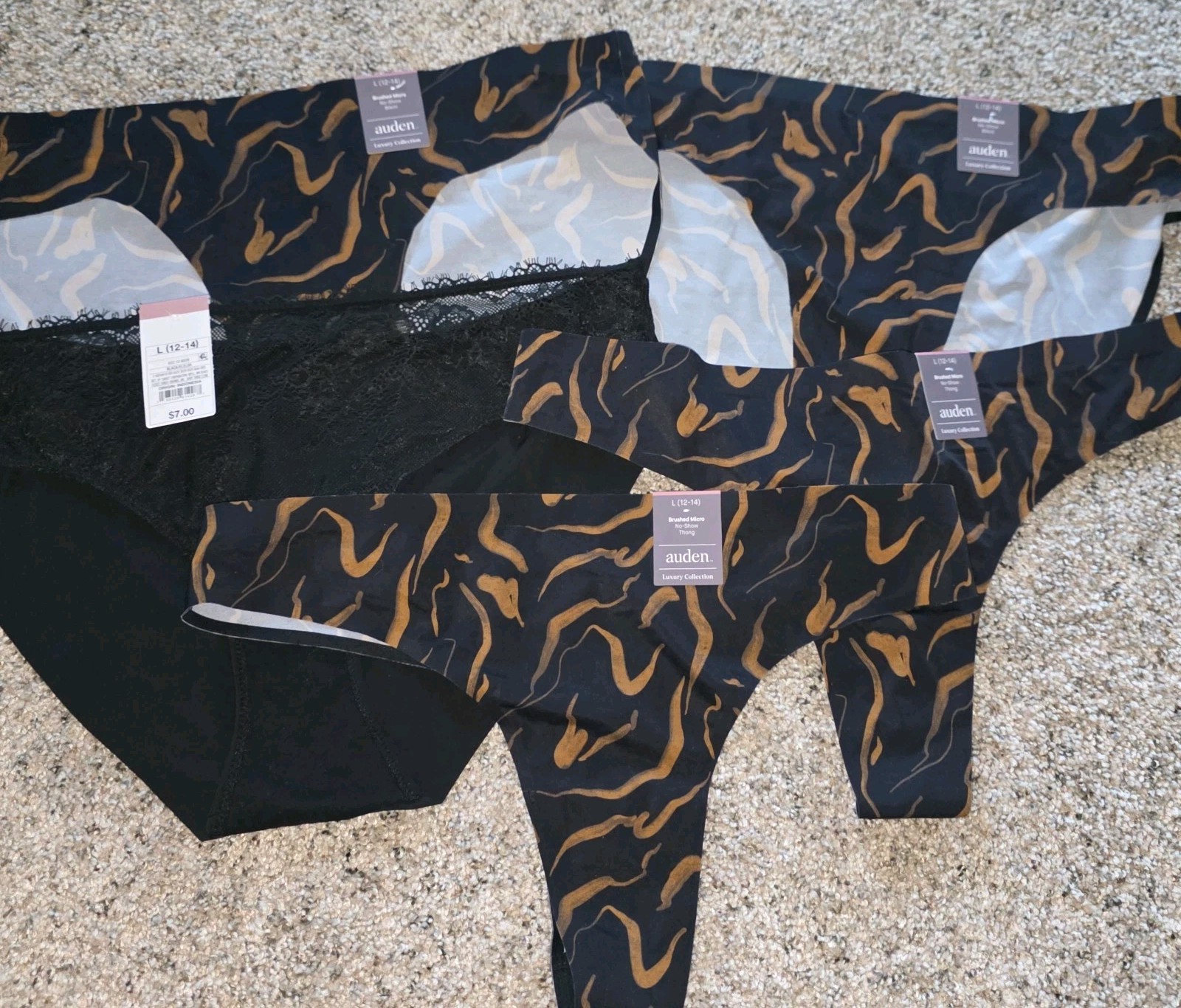 AUDEN 5 PAIR PANTY PANTIES LOT THONG & Bikini WOMENS LARGE L 12 14 NWT Black Brn