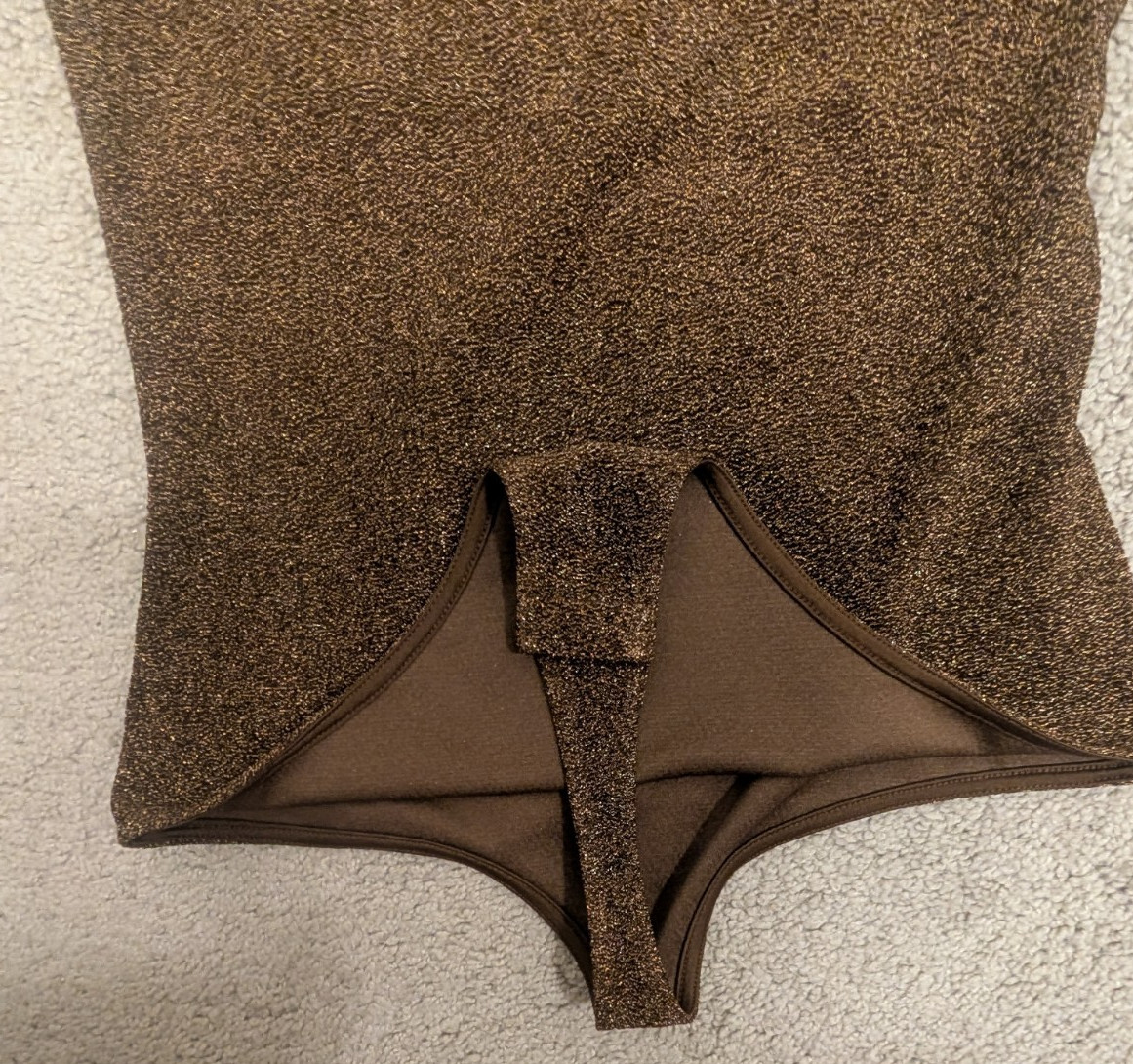 H&M new with tags THONG bodysuit size S bronze mettalic stretchy snap crotch