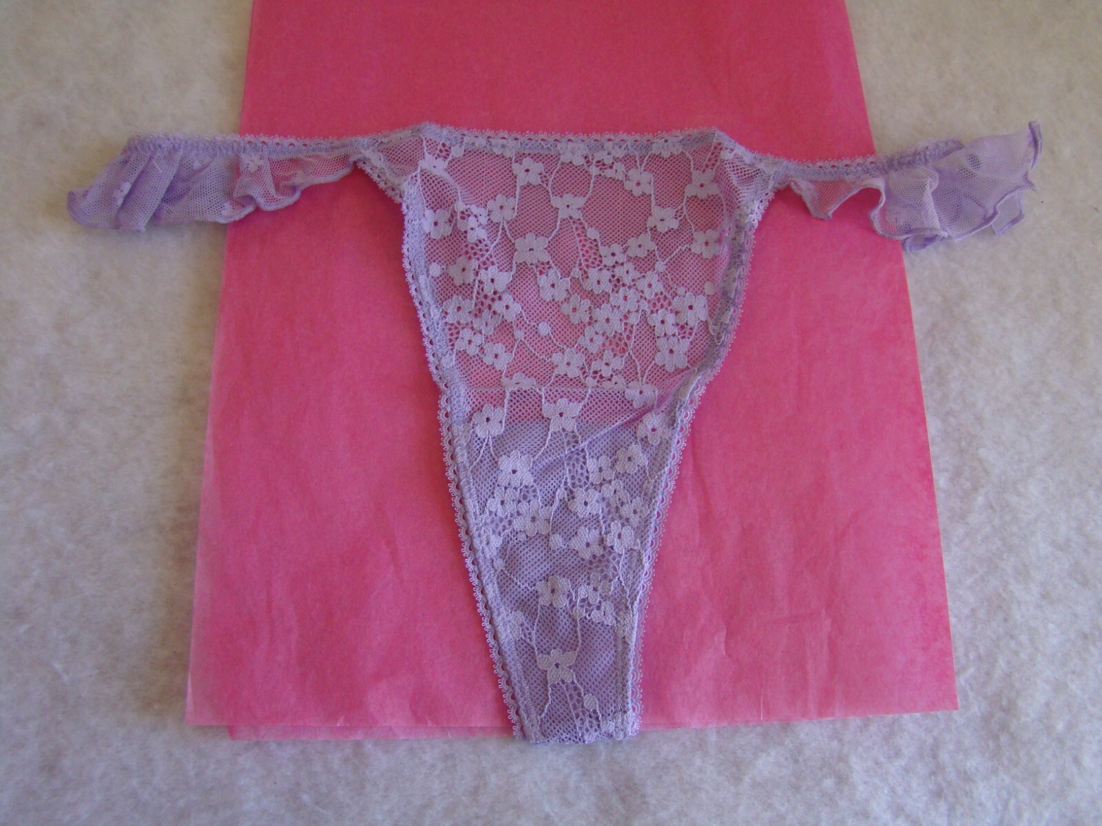 New VICTORIA’S SECRET Purple Floral Lace Side Straps Ruffle Thong Panties