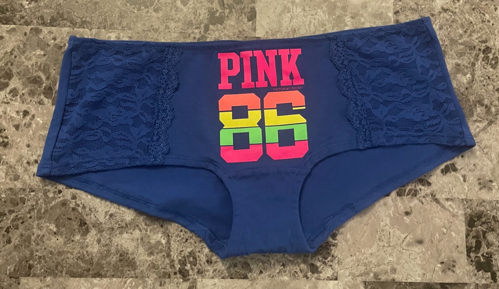 NWT VICTORIA’S SECRET PINK M BLUE NEON LOGO LACE VINTAGE RARE BOYSHORT PANTIES