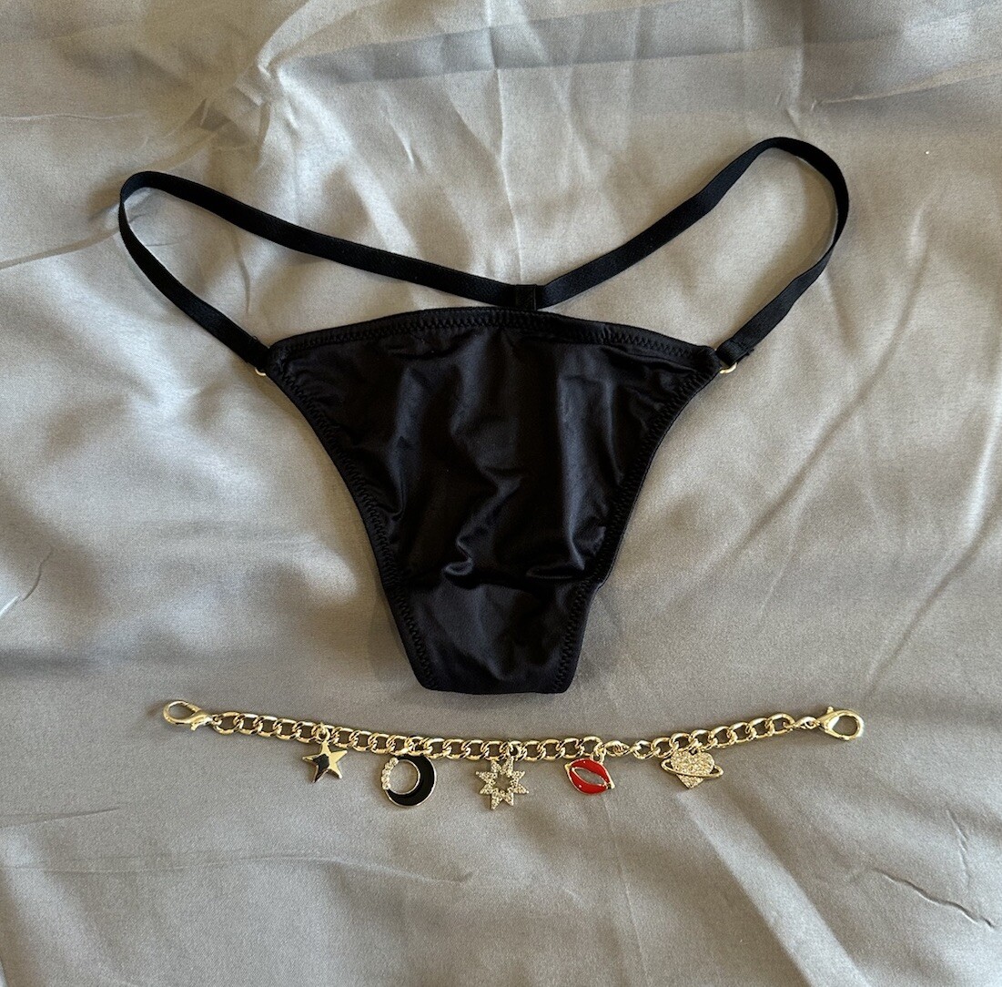 VICTORIA’S SECRET BLACK STAIN SMOOTH-VERY SEXY V-STRING THONG PANTY-W/CHARMS-S/P