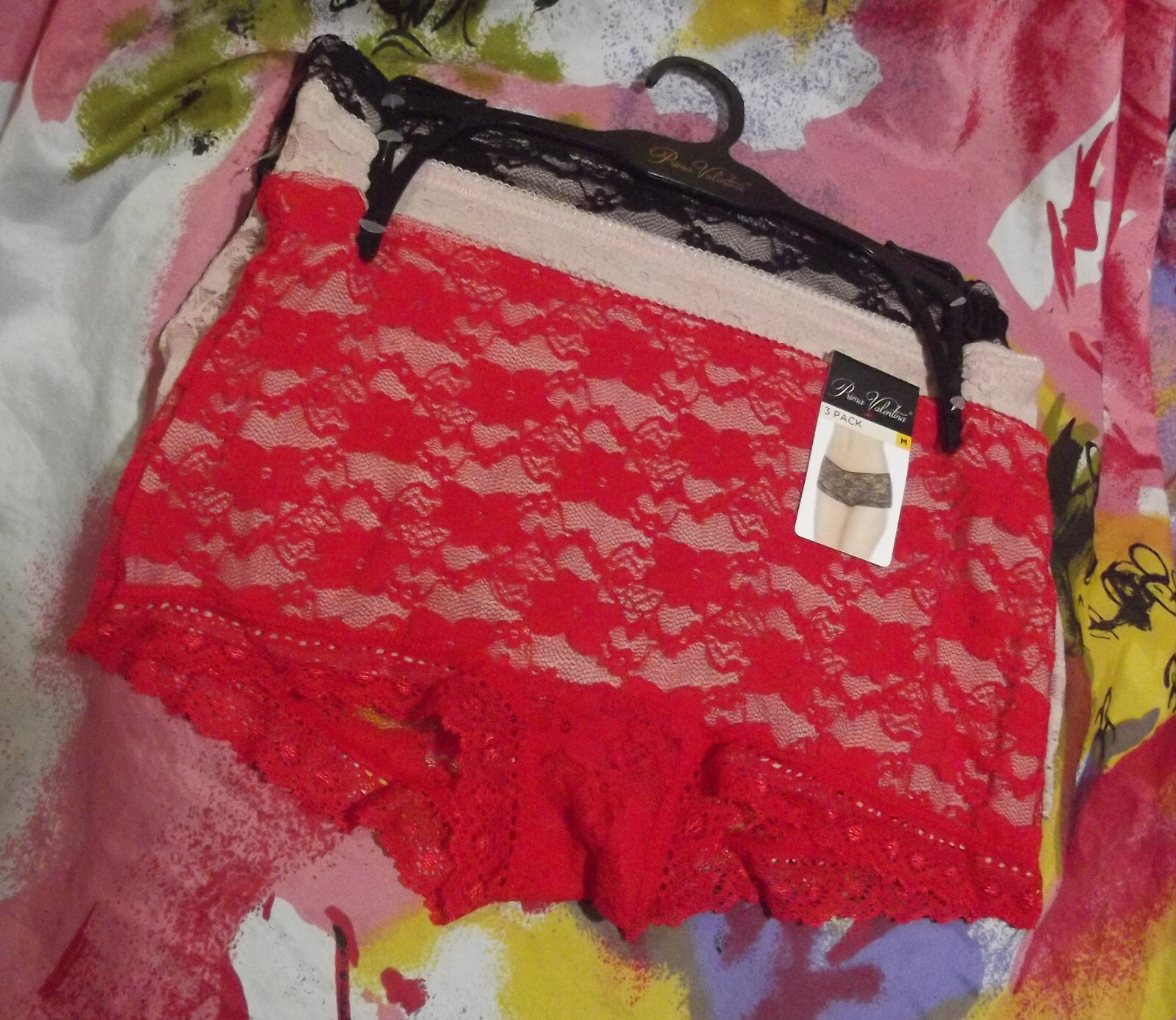 3 NEW PRIMA VALENTINA 848388 RD/BG/BK ALL LACE BOYSHORT PANTIES M