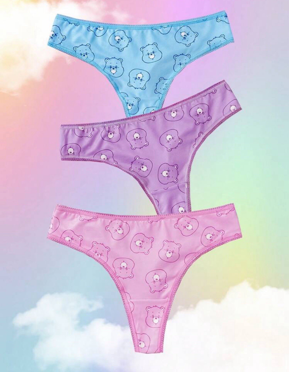 Care Bears Official Kawaii y2k Multicolor Cutesy Thong 3pack Panty Set- XS ONLY