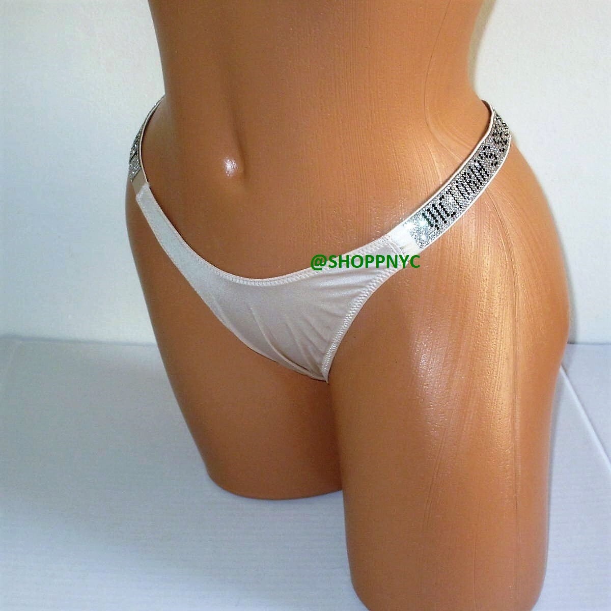 VICTORIA SECRET Very Sexy Shine Strap Thong Panty Size L Satin Smooth Logo Ivory