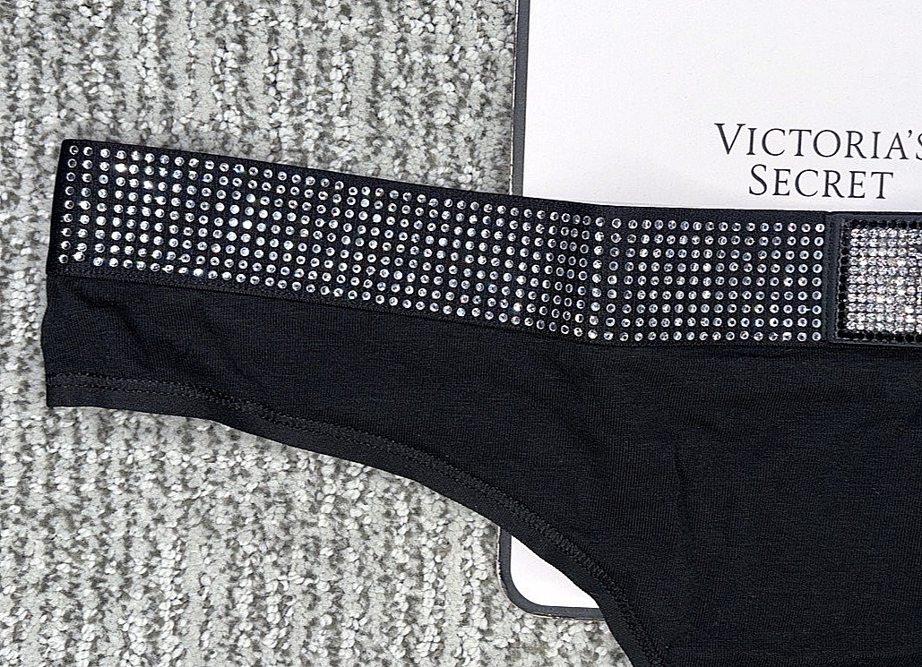 Victorias Secret NWT XL Black Rhinestone Waist Shine Patch Thong Panty Logo Sexy