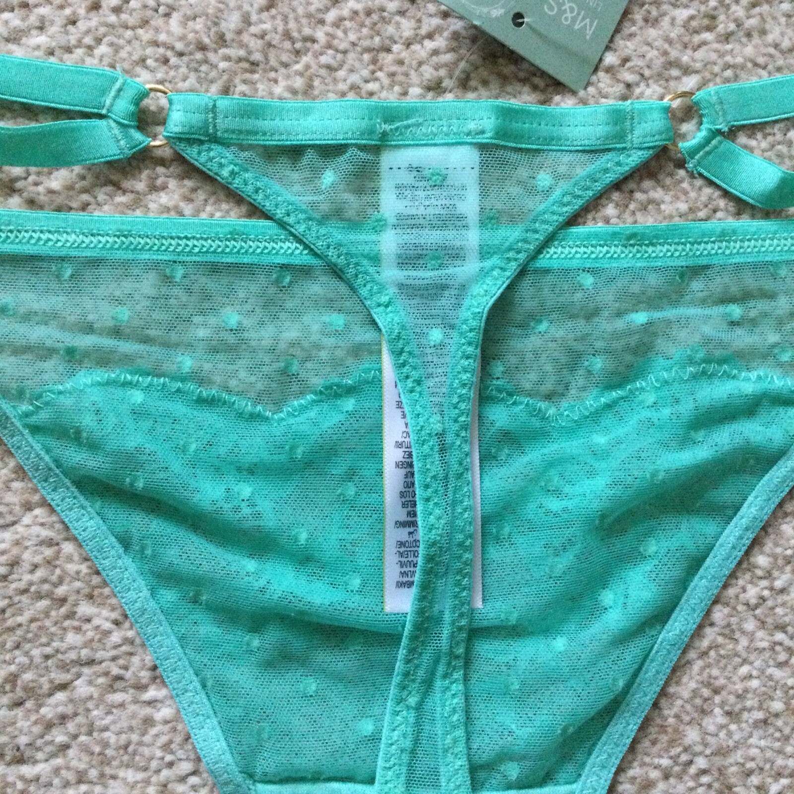 M&S Size 14 Ladies Lace Mesh Thong Knickers Light Jade Green Gold Ring Detail