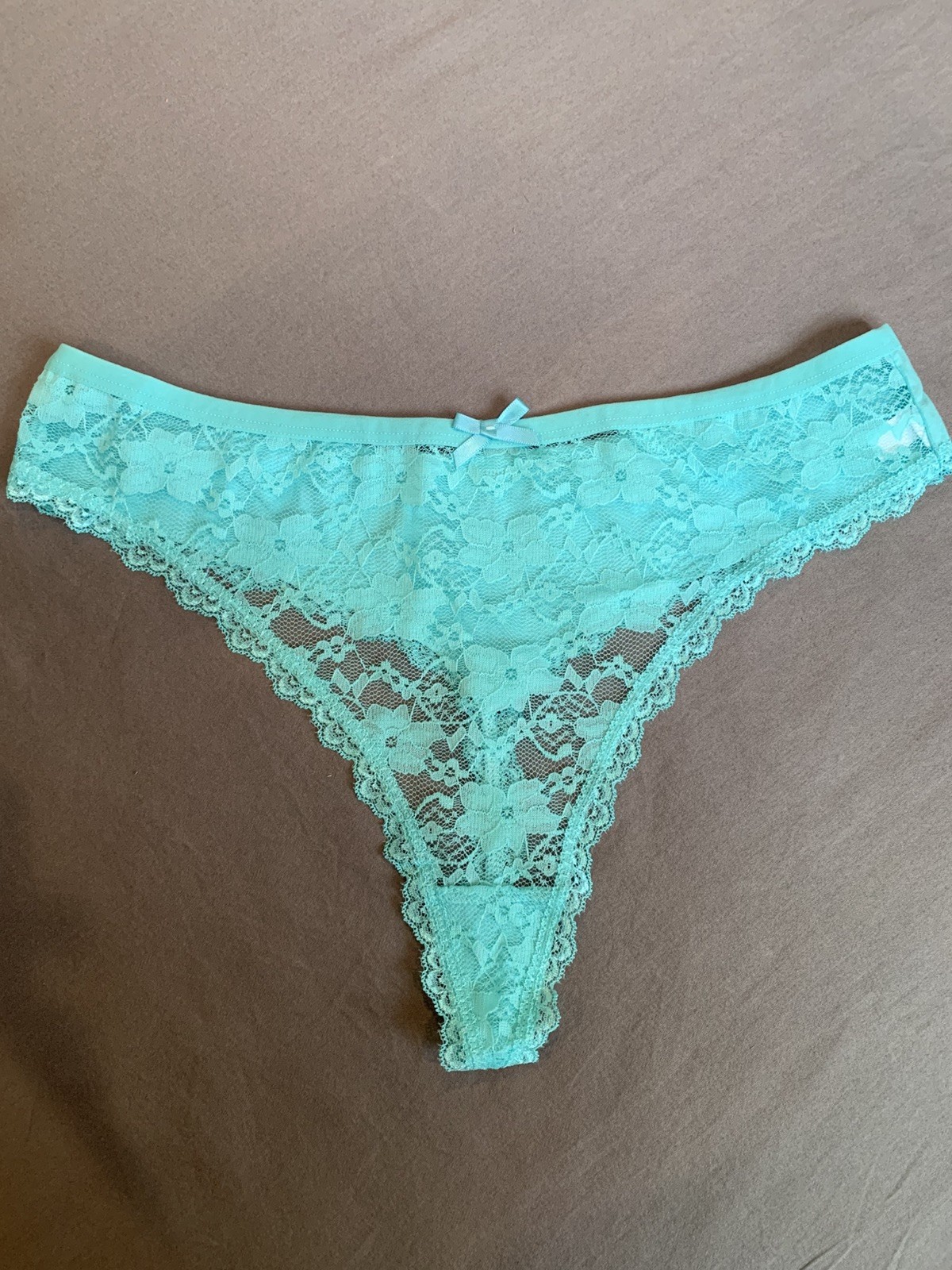 New Blue Lace Floral Thong Panties XL Stretch Bow Accent