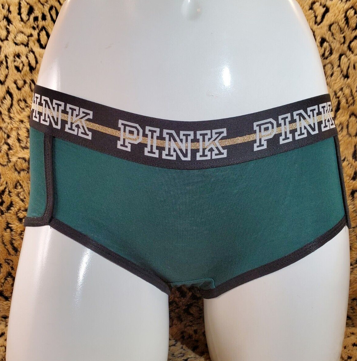 Victoria’s Secret PINK Gold Glitter Logo Dark Green Boy Short Panty XS NWT Sexy