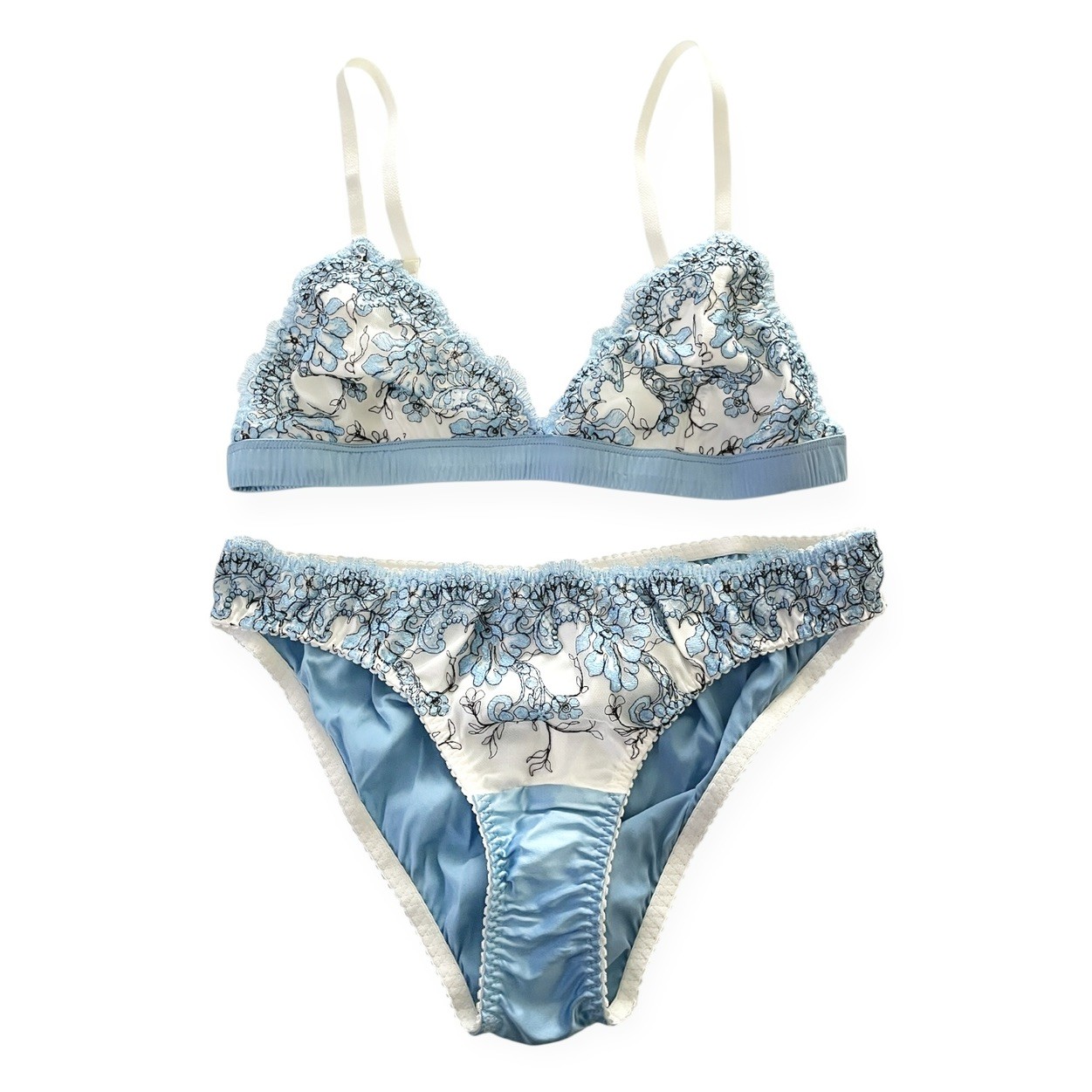 Angela Friedman London Silk Lace Bra and Panty set powder blue floral satin new