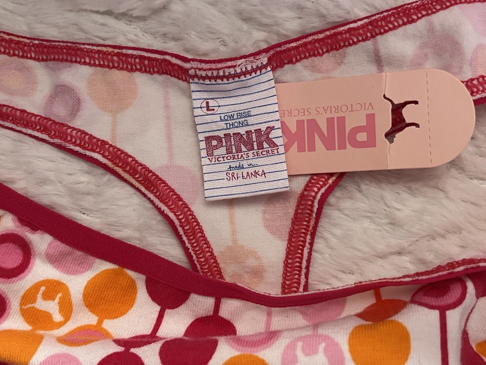 NWT VTG VICTORIA’S SECRET PINK Dogs/Polka Dot Cotton Low THONG Geo Panty L 2007