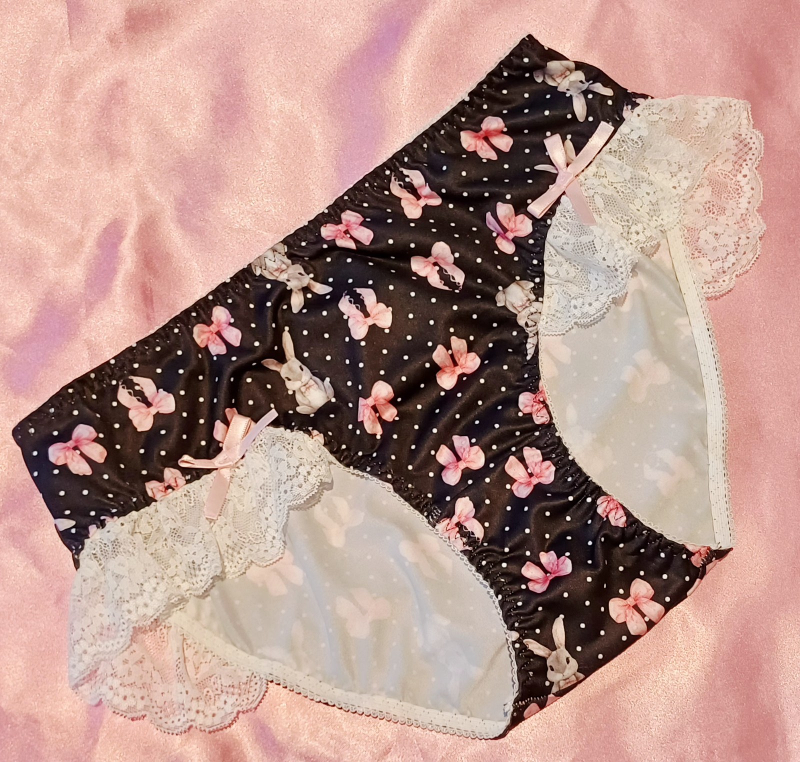 Cute Silky Stretchy Frilly Bunny Bows Polka Dot Sissy Panties Knickers L 12-14