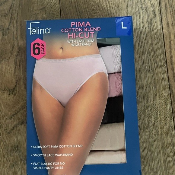 Felina Pima Cotton Blend Hi-Cut Pantis with Lace Trim Waistband 6 Pack, Large