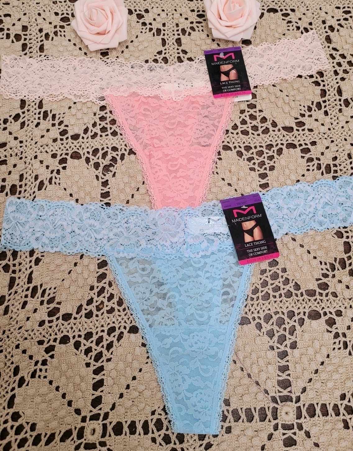 MAIDENFORM Sexy Floral Lace Thongs DMESLT~ SZ 9 / 2XL Coral/ Blue $24.00