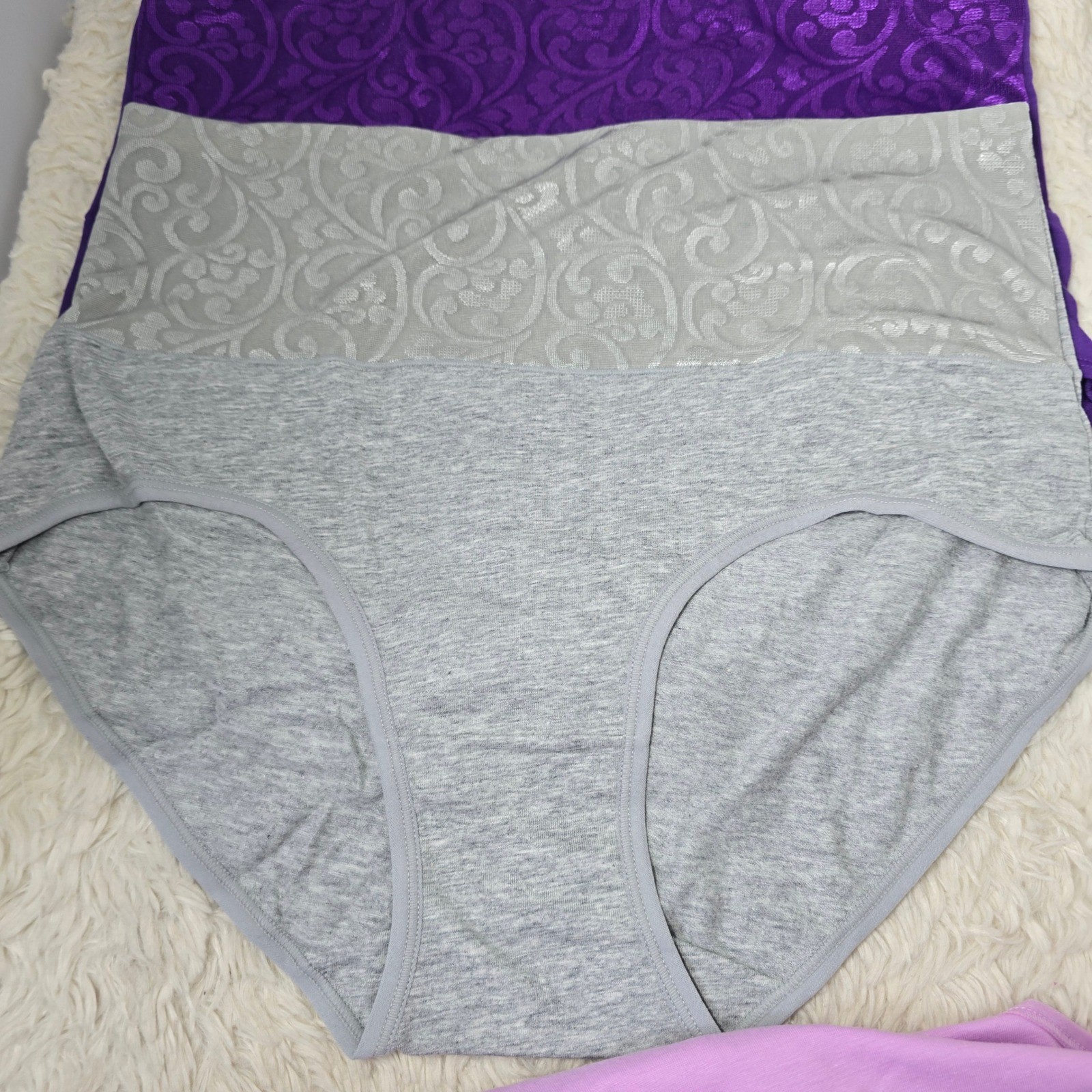 High Waisted Briefs 4 Pack Women Large Black Gray Purple Damask Waistband Soft