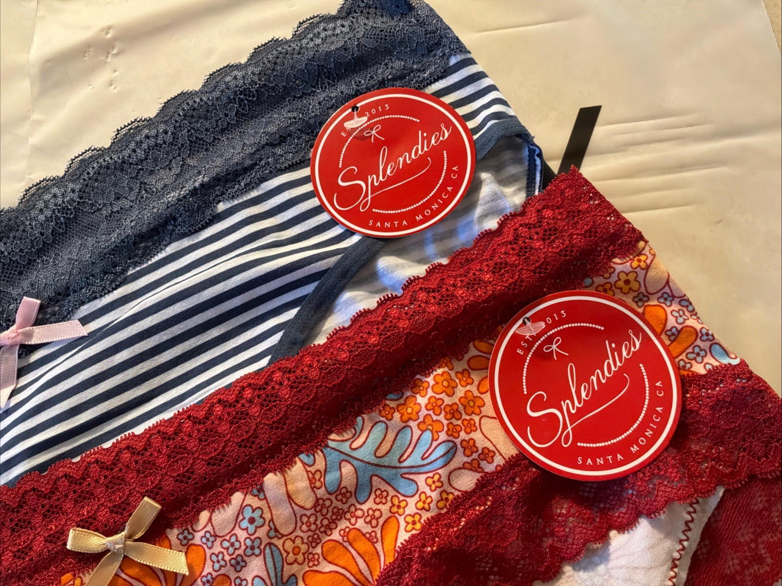 NWT Splendies Cotton Bikini 1XL Panties 1-Blue Stripe & 1-Orange Floral LaceTrim