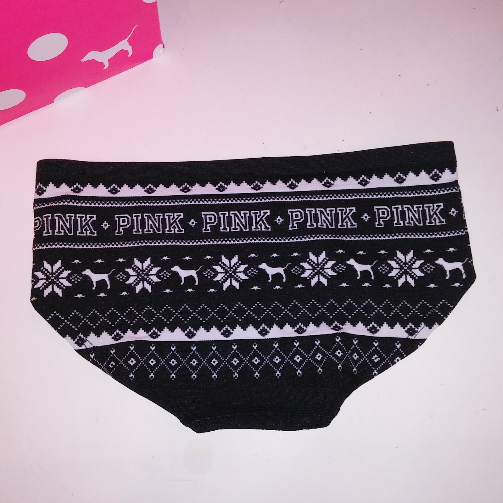 Victoria Secret PINK Panty Small Hipster Black White Logo Dog New