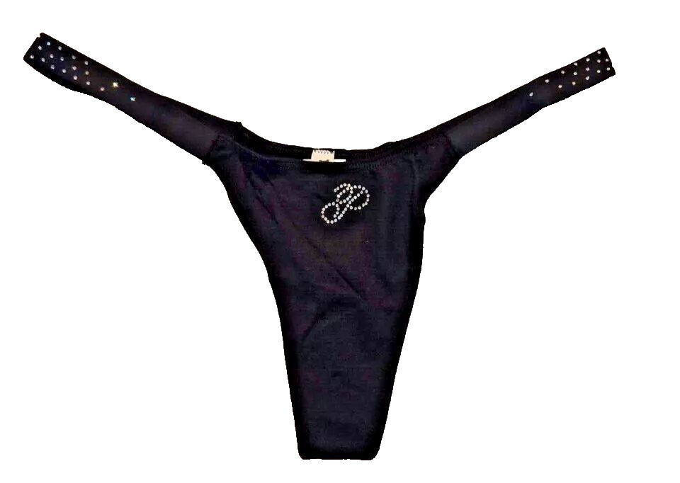 Victoria Secret PINK Logo Cotton Shine Micro Thong Panty Black Diamante L NWT