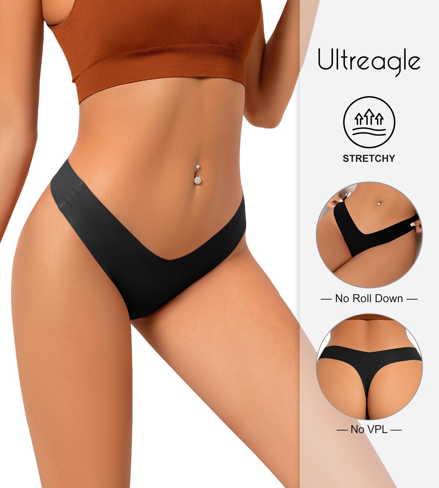 Women’s 6 Pack Seamless No Show Breathable Thong Panties (Black,White,Beige, XL)