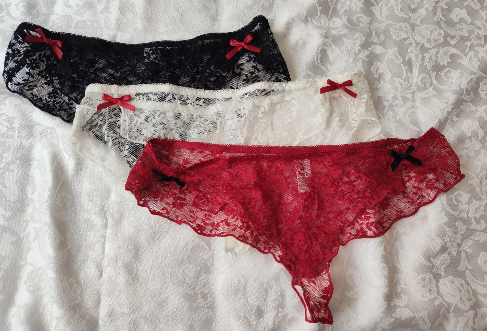 Women’s Lace Transparent Panties Lot (3) White, Red, Black Bow Accents Size M
