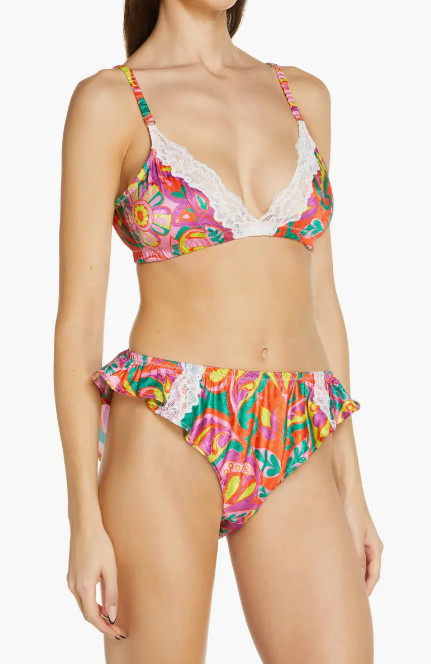 Kilo Brava Paisley Bikini Panties Flutter S NWT Pink Ruffle Lace Satin Lingerie