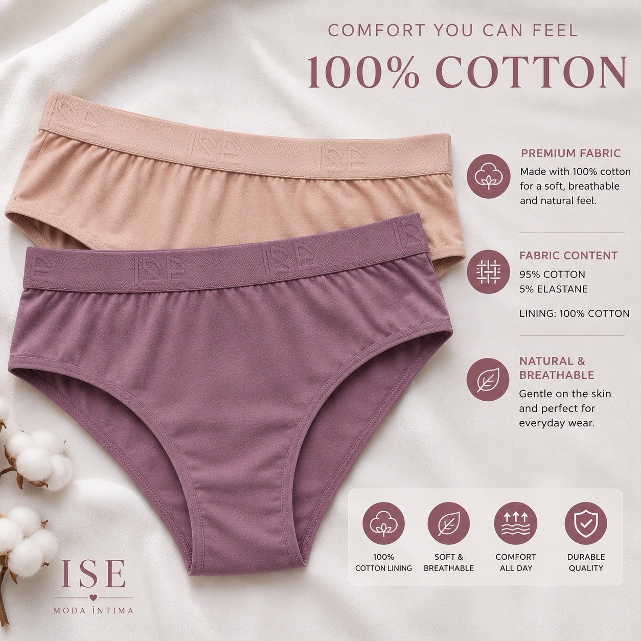ISE Moda Intima Women’s Cotton Brief Panties 2-Pack Breathable Stretch