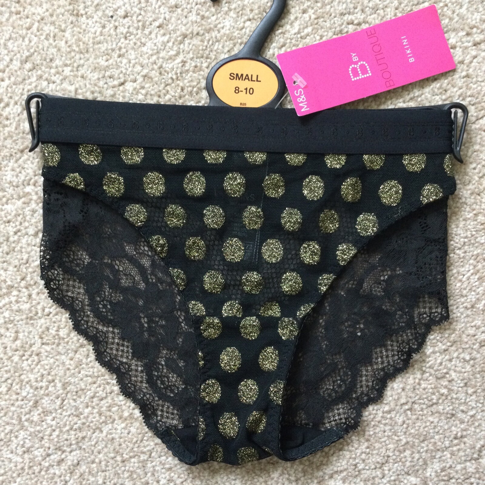 2 x M&S Size 8 – 10 Small Boutique Pretty Bikini Knickers Black Gold Mesh S