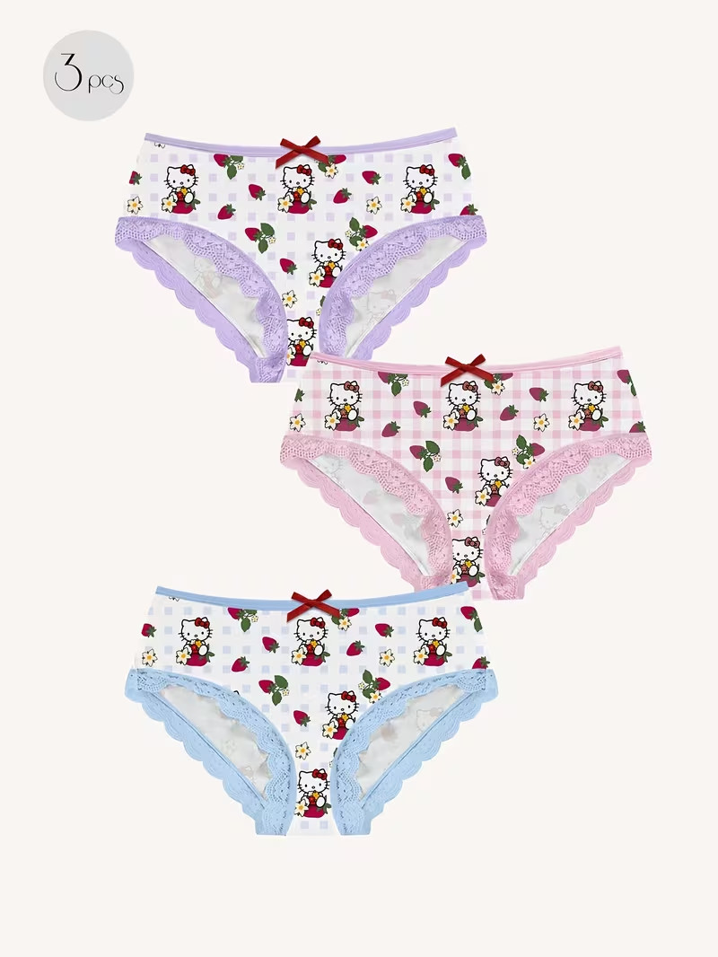 Sanrio Hello Kitty Cartoon Cute Kawaii Strawberry Brief Panties – Pack of 3