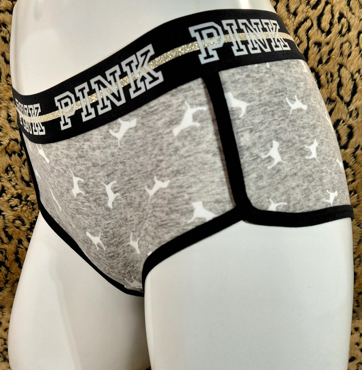 Victoria’s Secret PINK Glitter Logo Dog Gray Static Boy Short Panty PXS Sexy