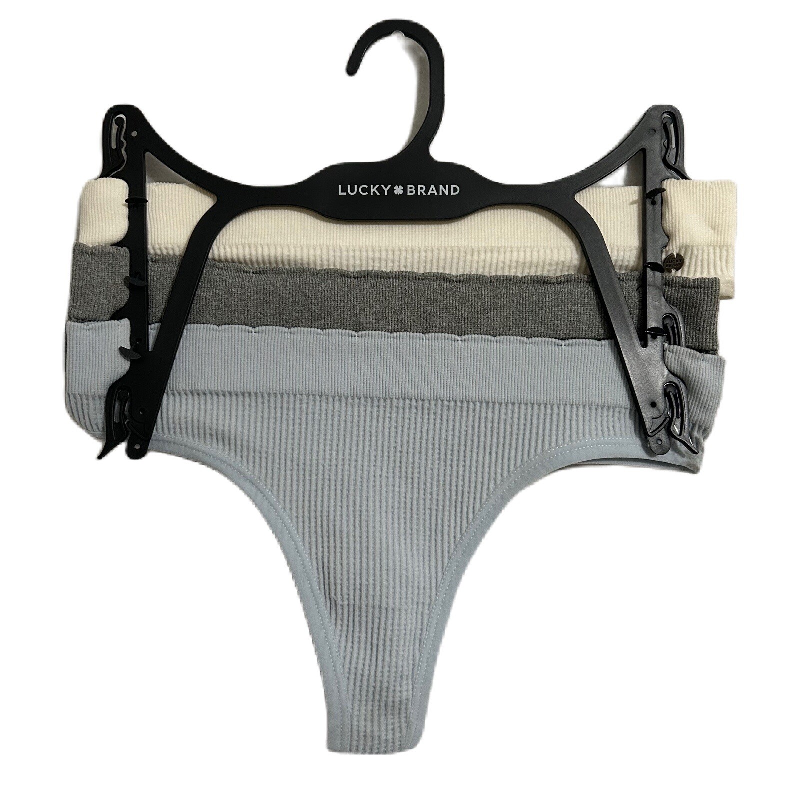 Lucky Brand Thong Women Small 3 pk Ivory Gray Blue Solid Stretch Ribd Comfy NWOT
