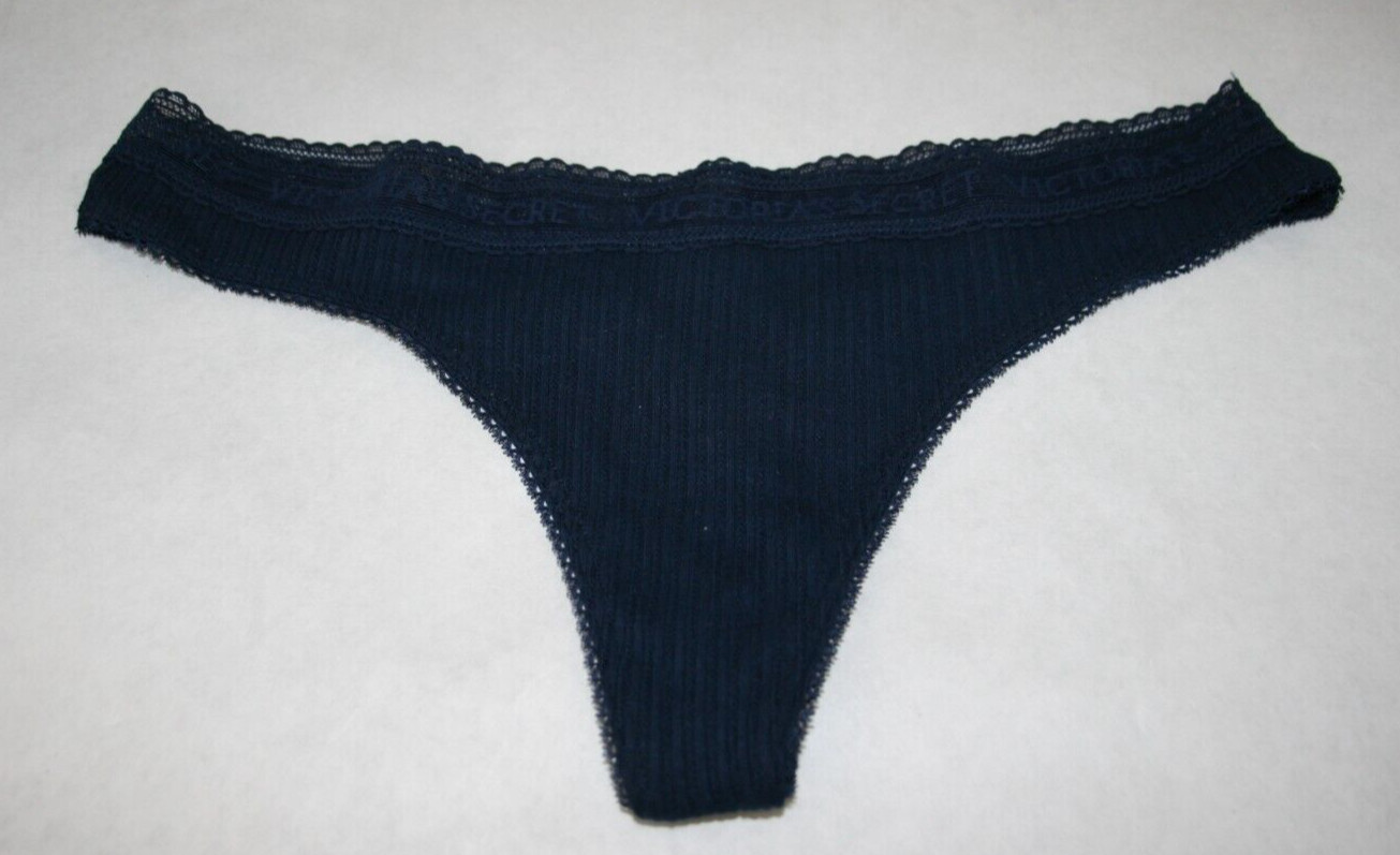 Victoria’s Secret Logo Cotton Lace-Waist Thong Panty Noir Navy Rib Knit Sz M NEW