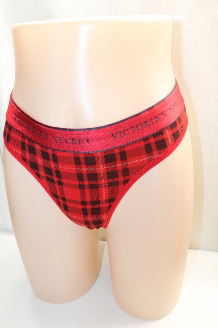 MED Red GOLD Glitter Plaid V-String LOGO Victorias Secret Thong Holiday Pantie