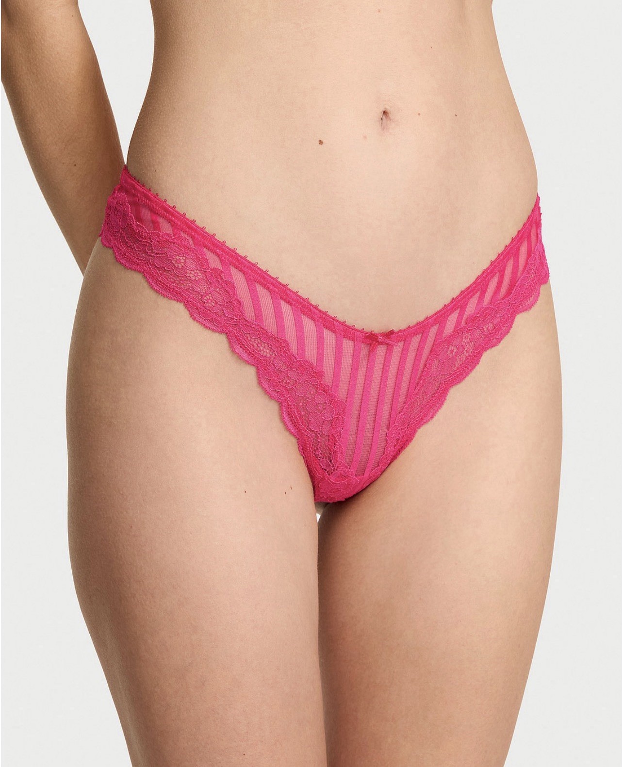 Victoria’s Secret Sheer Stripe Lace Trim THONG Panty Sz M ENCHANTED PINK NWT