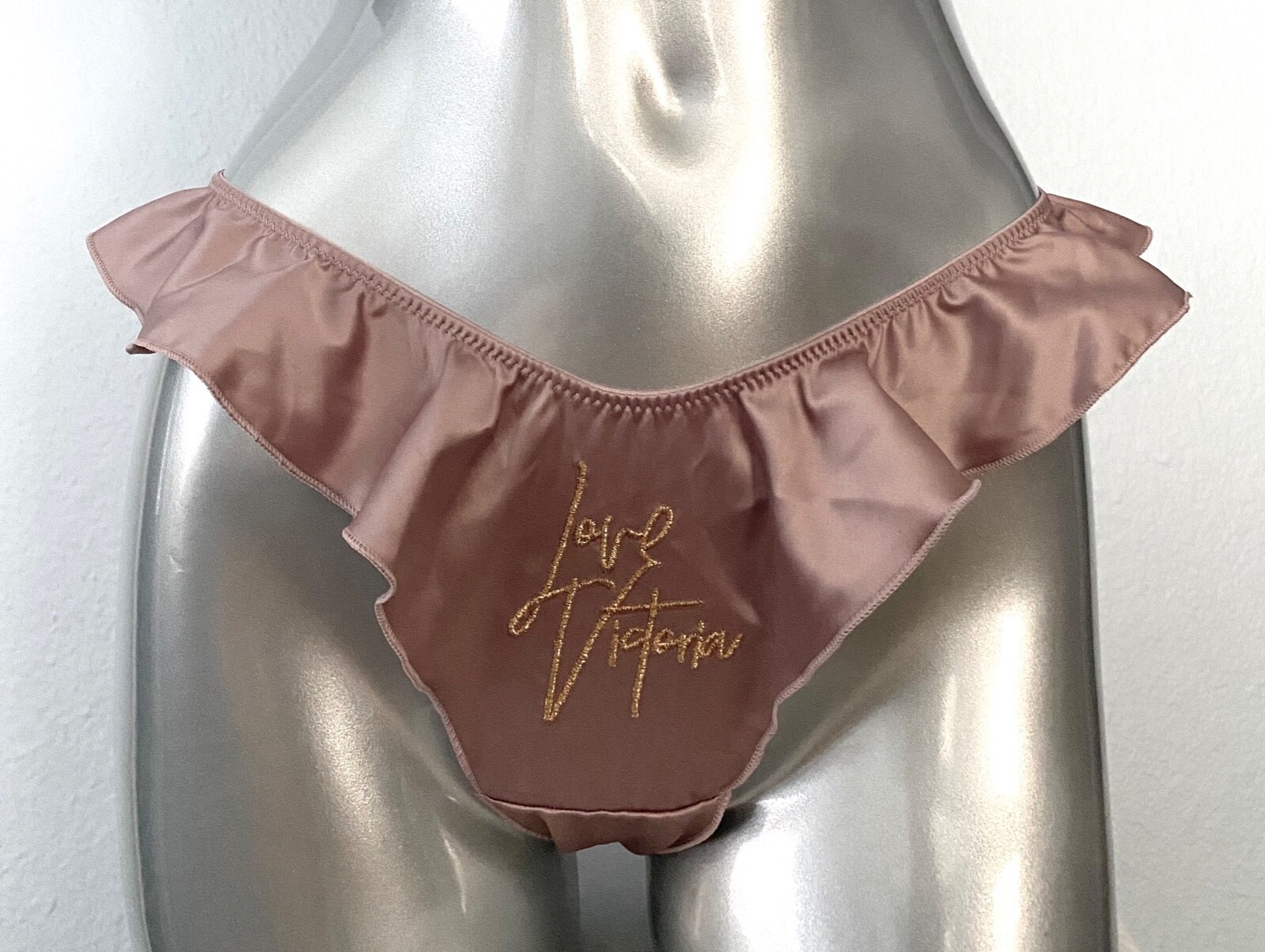 Victoria’s Secret Thong Panty VS French Cut Mauve Gold Satin Sexy Ruffle M