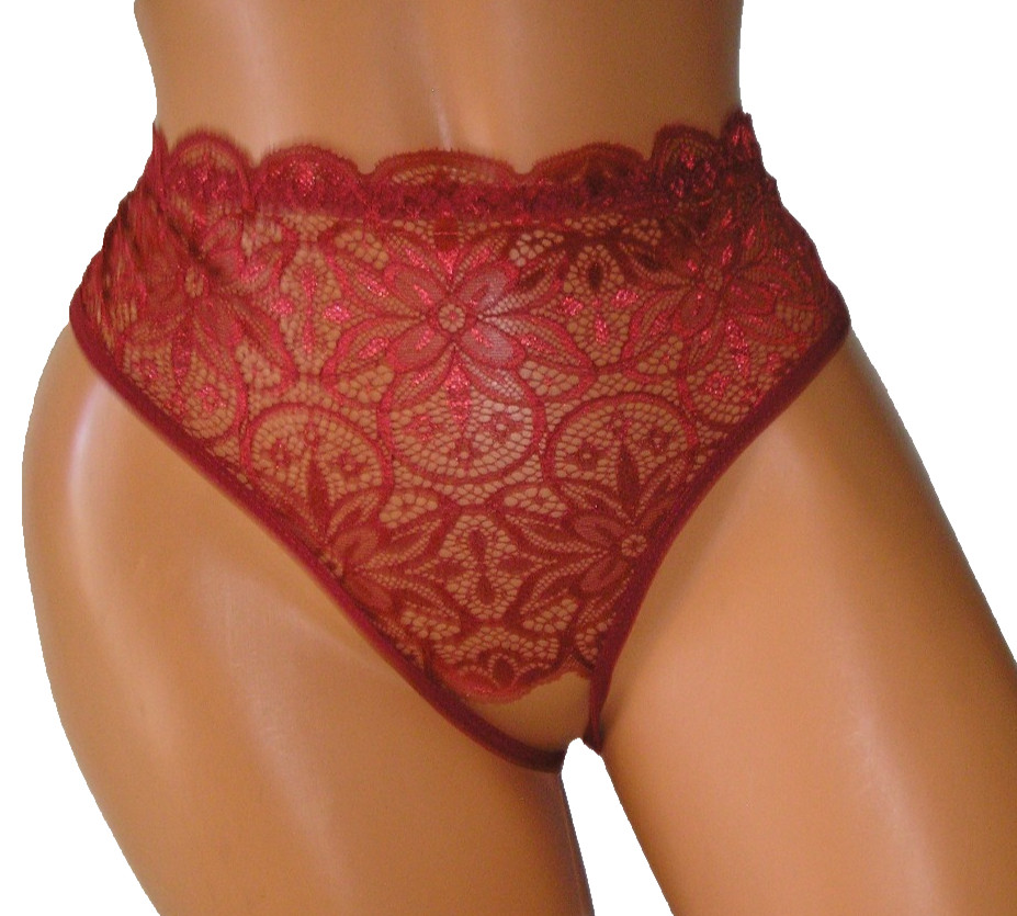 Panties Lingerie Red Wine Lace Bow Detail Open Back Crotchless, XL Adult Gift