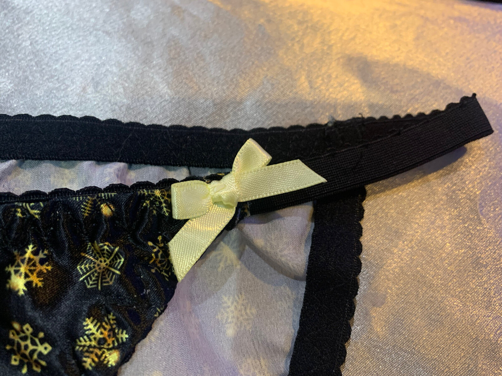 Nwot Handmade Sz L black gold snowflake satin string bikini Sissy panties