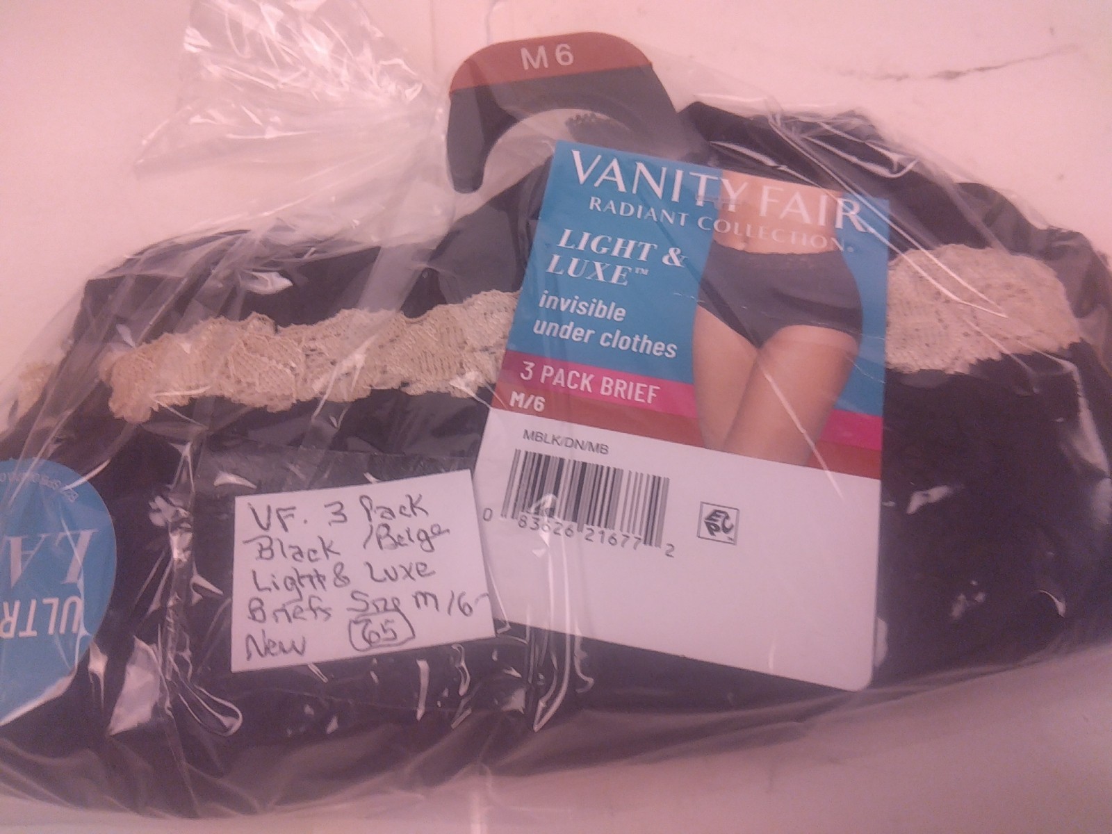 Vanity Fair 3 Pack Black/Beige Light & Luxe Briefs Size M/6 – New. (65)