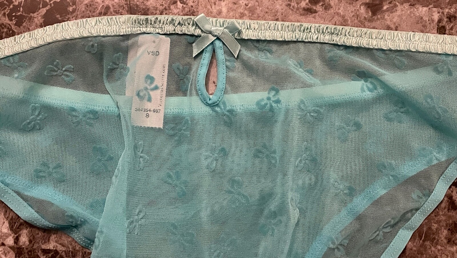 NWT VICTORIA’S SECRET S AQUA MESH VELVET BOW KEYHOLE SCRUNCH RARE BIKINI PANTIES