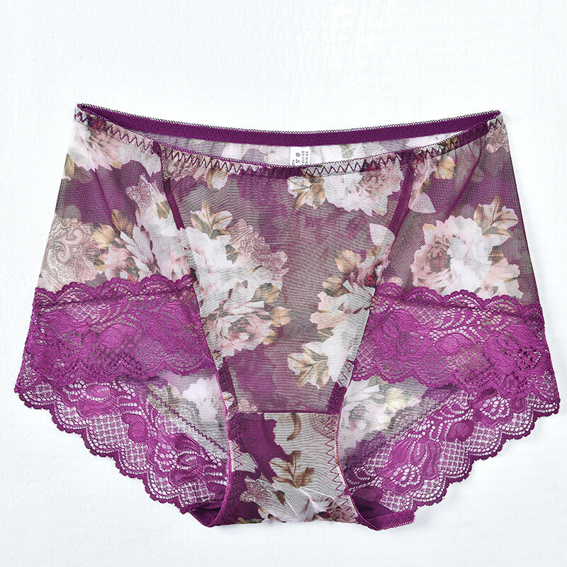 Women’s Large Size Antibacterial Breathable Printed Lace Seamless Mesh Panties