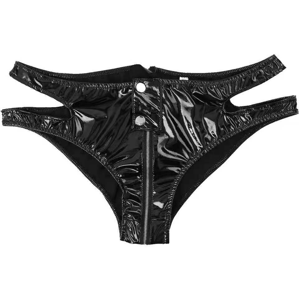 Women PVC Leather Lingerie Bikini Briefs Latex Wet Look Zipper Low Waist Panties