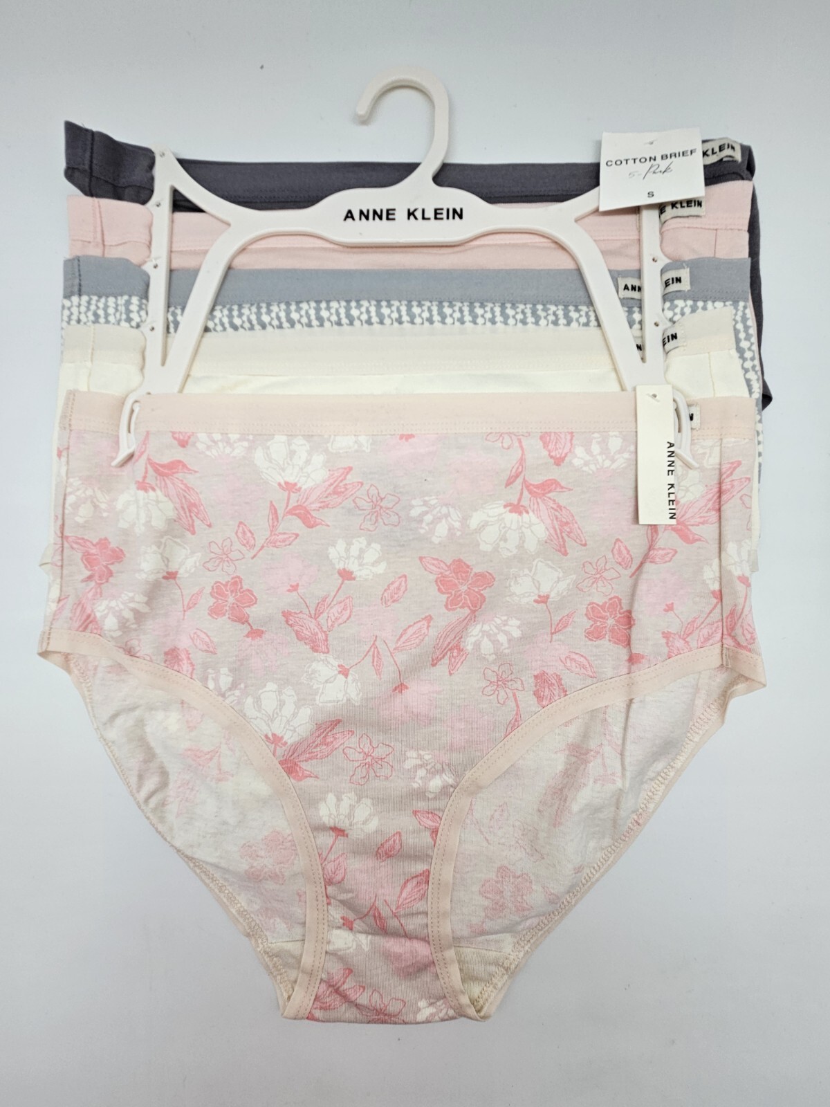 ANNE KLEIN 5 Pack Women’s Large Cotton Brief Panties Gray Beige Cream Pink