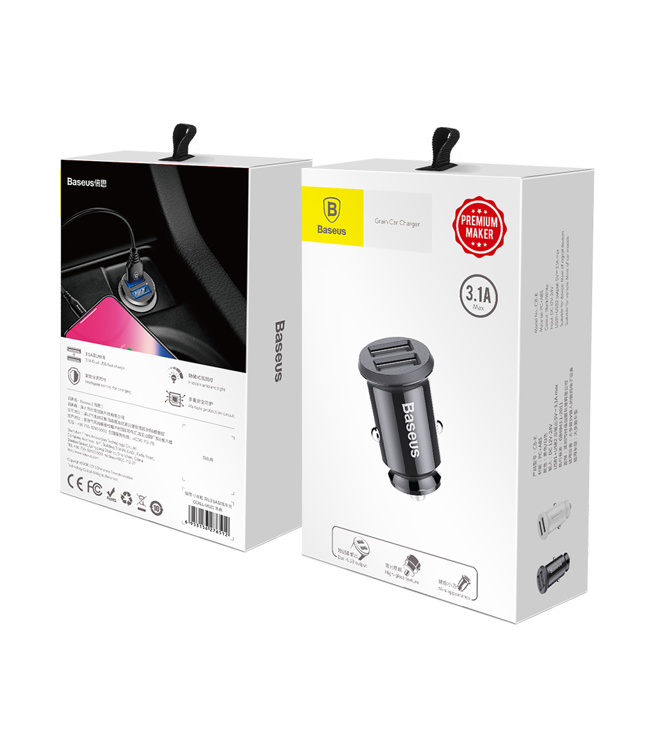 Baseus Grain Car Charger - Dual USB 5V 3.1A, Sleek in Black