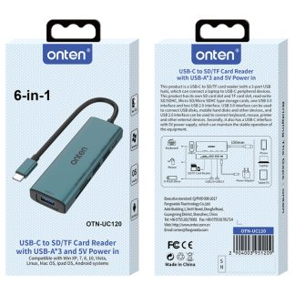 ONTEN 6 in 1 USB-C to SD/TF Card Reader with 3-Port USB Hub (USB 3.0+USB 2.0*2) and Power Supply UC120